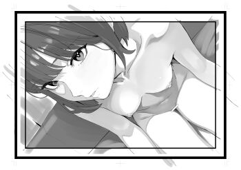 1girl absurdres bar_censor border breasts censored collarbone commentary_request completely_nude couch foreshortening from_above greyscale highres looking_at_viewer looking_up monochrome navel nipples nude on_couch original outside_border parted_lips sitting small_breasts solo tamon_ketsuyuki