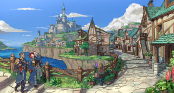 2boys bay beard blue_sky castle cliff clothing_request cloud commentary commission dated_commentary day facial_hair fantasy fence grey_hair multiple_boys mustache original outdoors path plant potted_plant red_hair road scenery shamogin shore short_hair skeb_commission sky town wooden_fence