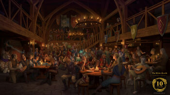 6+boys 6+girls absurdres beard black_boots black_hair blonde_hair blue_pants boots brown_hair brown_pants candle cat chandelier copyright_logo copyright_name crowd everyone facial_hair grey_hair highres holding holding_instrument indoors instrument khajiit logo long_hair lute_(instrument) multiple_boys multiple_girls official_art pants pointy_ears ponytail short_hair sitting stool table the_elder_scrolls the_elder_scrolls_online