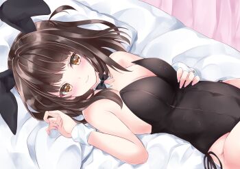 1girl akishino_yuzuki animal_ears artist_request black_bow black_bowtie black_hair black_leotard bow bowtie breasts brown_eyes brown_hair cleavage commentary_request detached_collar fake_animal_ears hand_on_own_stomach highleg highleg_leotard highres indie_virtual_youtuber leotard long_hair lying on_back on_bed pink_nails playboy_bunny rabbit_ears shiny_leotard side-tie_leotard solo strapless strapless_leotard virtual_youtuber wrist_cuffs