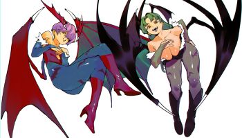 Rule 34 | 2girls, animal print, bare shoulders, bat print, bat wings, bent over, black boots, black leotard, blue bridal gauntlets, blue pantyhose, blunt bangs, boots, breasts, bridal gauntlets, bright pupils, cleavage, clothing cutout, collarbone, crossed legs, darkstalkers, demon girl, demon horns, demon wings, fangs, flat chest, floating, franzkafkaffee, full body, fur-trimmed leotard, fur-trimmed sleeves, fur trim, green eyes, green hair, hand on own ass, hand on own chest, head wings, heart cutout, highres, horns, large breasts, leotard, lilith (darkstalkers), long hair, looking at viewer, morrigan aensland, multiple girls, off-shoulder leotard, open mouth, pantyhose, pink background, print pantyhose, purple hair, purple pantyhose, red boots, red wings, sharp teeth, short hair, simple background, smile, strapless, strapless leotard, teeth, very long hair, white background, white pupils, wings, yellow eyes