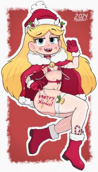 1girl absurdres animal_ear_hairband animal_ears artist_name bikini black_neckerchief black_panties blue_background breasts cosplay crop_top fake_animal_ears flat_chest full_body hair_behind_ear hairband heart-shaped_blush_stickers high_heels highleg highleg_panties highres kantai_collection long_hair looking_at_viewer microskirt neckerchief panties rabbit_ear_hairband rabbit_ears rukisan rukisan(pixiv) santa_bikini santa_costume shimakaze_(kancolle) shimakaze_(kancolle)_(cosplay) skirt solo star_butterfly star_vs_the_forces_of_evil striped_clothes striped_thighhighs thighhighs toon_(style) underwear zettai_ryouiki