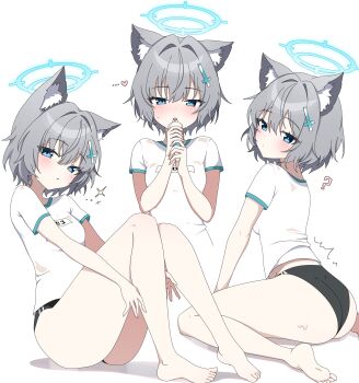 Rule 34 | 1girl, absurdres, animal ear fluff, animal ears, ass, barefoot, blue archive, blue eyes, buruma, commentary, grey hair, gym uniform, hair ornament, halo, highres, multiple views, nyaruin, shiroko (blue archive), shirt, white background, white shirt, wolf ears