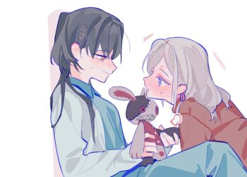 2girls black_hair blue_eyes blue_pajamas blue_pants blue_shirt blush brown_shirt cardigan ceras_yanagida_lilienfeld ceras_yanagida_lilienfeld_(sega_lucky_lottery_sleepwear) collared_shirt commentary_request edel_note full-face_blush grey_hair hair_ribbon highres holding holding_stuffed_toy jellyfish_cut katsuragi_izumi katsuragi_izumi_(sega_lucky_lottery_sleepwear) link!_like!_love_live! long_hair love_live! multiple_girls official_alternate_costume open_cardigan open_clothes orange_eyes pajamas pants pink_ribbon pipi_(m1x_mix) profile ribbon shirt stuffed_animal stuffed_rabbit stuffed_toy virtual_youtuber white_cardigan yuri