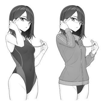 Rule 34 | 1girl, adjusting hair, bare shoulders, breasts, competition swimsuit, covered navel, cropped legs, glasses, greyscale, highres, holding, holding whistle, jacket, long sleeves, looking at viewer, monochrome, multiple views, ochiai miyabi, one-piece swimsuit, original, parted lips, short hair, simple background, small breasts, swimsuit, swimsuit under clothes, track jacket, whistle, whistle around neck, white background, zipper