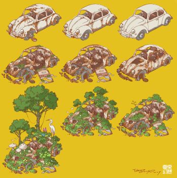 Rule 34 | 2025, abandoned, animal, animal request, bird, car, commentary request, dilapidated, highres, motor vehicle, mushroom, no humans, original, overgrown, post-apocalypse, rust, signature, simple background, tokyogenso, tree, vehicle focus, vehicle request, volkswagen, volkswagen beetle, wreckage, yellow background