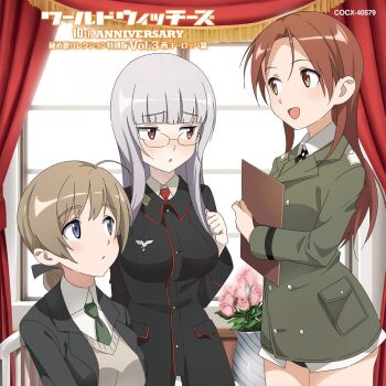 3girls :o artist_request black_jacket blue_eyes braid breasts brown_hair chair curtains flower glass green_jacket green_necktie heidimarie_w._schnaufer highres holding indoors jacket large_breasts long_hair looking_at_another lynette_bishop military military_uniform minna-dietlinde_wilcke multiple_girls necktie no_pants notebook open_mouth red_eyes red_hair red_necktie single_braid sitting skirt standing strike_witches sweater_vest vase white_hair white_skirt window world_witches_series