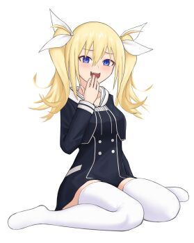 1girl absurdres arimura_hinae blonde_hair blue_eyes blush breasts chaos;child cropped_jacket fangs hair_ribbon hekiho_academy_school_uniform highres long_hair long_sleeves looking_at_viewer mocking no_shoes open_mouth ribbon school_uniform science_adventure simple_background sitting small_breasts smile solo thick_thighs thighhighs thighs tongue turnipdish twintails two_side_up wariza white_background white_hood white_thighhighs