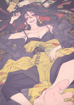 1girl alcohol bare_shoulders black_dress black_hair blush bottle bra_strap breasts breasts_apart collarbone commentary_request dress feet foot_focus from_above goddess_of_victory:_nikke highres holding holding_bottle large_breasts long_hair looking_at_viewer lying mero_(ilsttkgbz11) moran_(nikke) narrowed_eyes nose_blush off_shoulder on_back open_mouth red_eyes sleeveless sleeveless_dress solo spread_legs teeth unworn_eyewear upper_teeth_only white_straps wine_bottle