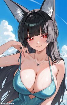 1girl alternate_costume animal_ear_fluff animal_ears artist_name bare_shoulders black_hair blue_sky blush breasts bright_pupils cleavage closed_mouth cloud cloudy_sky collarbone day fingernails fox_ears fox_girl helloimtea highres hoshimi_miyabi jewelry large_breasts long_hair looking_at_viewer necklace objectification outdoors paid_reward_available patreon_username red_eyes sky smile solo tailless_(zenless_zone_zero) twitter_logo twitter_username upper_body wet white_pupils zenless_zone_zero