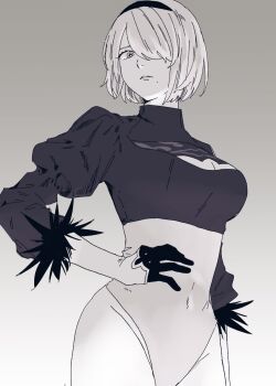 Rule 34 | 1girl, 2b (nier:automata), black gloves, black hairband, breasts, cleavage, cleavage cutout, clothing cutout, commentary request, covered navel, cowboy shot, feather-trimmed sleeves, gloves, gradient hair, greyscale, hair over one eye, hairband, hand on own hip, highleg, highleg leotard, highres, juliet sleeves, leotard, long sleeves, looking at viewer, medium breasts, mole, mole under mouth, monochrome, multicolored hair, nier:automata, nier (series), parted lips, puffy sleeves, sachiko (rinana239), short hair, solo, turtleneck, white hair, white leotard