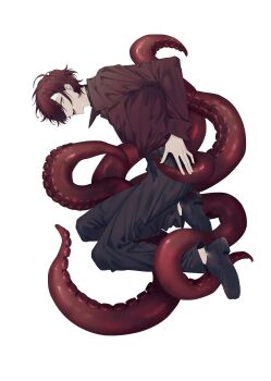 1boy :d \||/ absurdres ahoge belt black_belt black_choker black_pants black_shoes choker collared_shirt commentary fang from_side full_body hand_on_own_hip highres hunched_over jumping long_sleeves looking_at_viewer male_focus open_mouth original pants profile red_hair red_shirt shirt shirt_tucked_in shoes short_hair simple_background smile solo suction_cups symbol-only_commentary teeth tentacles tongue upper_teeth_only white_background yellow_eyes yosio_ex