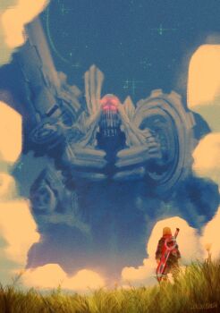 1boy blue_sky commentary english_commentary field highres jamboe male_focus mechonis monado night night_sky on_grass scenery shulk_(xenoblade) sky solo standing sword sword_on_back weapon weapon_on_back xenoblade_chronicles_(series) xenoblade_chronicles_1