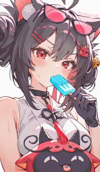 1girl :3 ahoge animal_ear_fluff animal_ears armpit_crease artist_name bare_shoulders bell birthday black_choker black_gloves black_hair breasts cat_ears cat_girl choker colored_inner_hair commentary_request double_bun dragon_hair_ornament dripping eating eyewear_on_head food food_in_mouth gloves hair_bell hair_between_eyes hair_bun hair_ornament highres holding holding_food holding_ice_cream ice_cream indie_virtual_youtuber large_breasts looking_at_viewer lunah_(lung_na) multicolored_hair necklesslee popsicle red-tinted_eyewear red_eyes red_hair shirt sidelocks simple_background sleeveless sleeveless_shirt solo sunglasses sweat tinted_eyewear tongue tongue_out upper_body white_background white_shirt