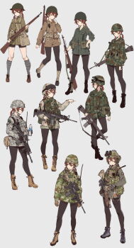 assault_rifle battle_rifle bolt_action bottle brodie_helmet camouflage combat_helmet desert_camouflage evolution fangdan_runiu gachimuchi_pants_wrestling goggles goggles_on_headwear gun gun_sling helmet highres holding holding_gun holding_weapon m14 m16 m16a1 m16a2 m1903_springfield m1_garand m1_helmet m4_carbine military military_combat_uniform military_uniform orange_hair original pantyhose puttee rifle short_shorts shorts simple_background soldier twintails united_states water_bottle weapon wrestling_(series)