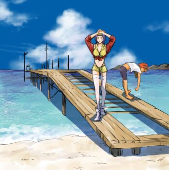Rule 34 | 2girls, absurdres, cowboy bebop, dock, edward wong hau pepelu tivrusky iv, faye valentine, highres, multiple girls, ocean, purple hair, red hair, short hair, sky, tobalin
