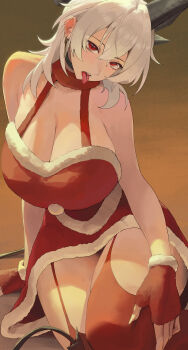 1girl absurdres alternate_breast_size_(larger) alternate_costume alternate_design arm_support bare_shoulders black_choker black_horns black_tail breasts choker cleavage commentary_request curled_horns demon_tail dress earrings fingerless_gloves fingernails fur-trimmed_dress fur_trim gloves grey_hair hair_between_eyes highres horns huge_breasts jewelry key_earrings long_fingernails long_hair looking_at_viewer neid_art red_dress red_eyes red_gloves red_thighhighs sharp_fingernails solo squatting tacet_mark_(wuthering_waves) tail thighhighs thighs tongue tongue_out wuthering_waves zani_(wuthering_waves)