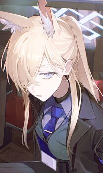 alternate_costume animal_ear_fluff black_coat blonde_hair blue_archive blue_eyes blue_halo blue_necktie coat comiket_107 commentary cropped crossed_bangs dog_hair flatshi formal_clothes grey_jacket grey_suit hair_over_one_eye halo highres jacket jewelry lapels long_hair long_sidelocks looking_at_viewer necklace necktie notched_lapels open_clothes open_coat ponytail shirt sidelocks sitting solo suit suit_jacket symbol-only_commentary undershirt white_shirt