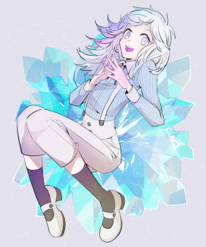 1boy androgynous bolo_tie dabu_(dabuchan) full_body highres iwakiyamayukisatoshironanogojuurokushi_akira kemono_jihen long_hair male_focus open_mouth shirt solo striped_clothes striped_shirt suspenders