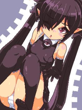 1girl ;o ass backbeako_(torotei) backbeard black_dress black_gloves black_hair black_ribbon black_thighhighs blush bra breasts derivative_work dress elbow_gloves eyes_visible_through_hair feet foot_out_of_frame gegege_no_kitarou gloves hair_over_one_eye hair_ribbon lillithlauda loli long_hair looking_at_viewer one_eye_closed open_hand open_mouth original panties pantyshot pixel_art pointy_ears red_eyes ribbon simple_background sitting sleeveless sleeveless_dress small_breasts solo thighhighs toes torotei twintails underwear variant_set very_long_hair white_bra
