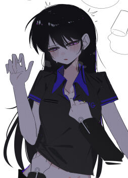 2girls bang_dream! bang_dream!_it&#039;s_mygo!!!!! bite_mark bite_mark_on_neck black_hair black_shirt blush collared_shirt commentary_request female_pov hand_under_clothes hand_under_shirt hand_up hickey highres long_hair mole mole_under_eye multiple_girls parted_lips pov purple_eyes shiina_taki shirt short_sleeves simple_background white_background yahata_umiri yuri zikiki1092
