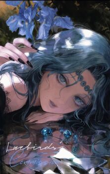 1girl black_nails blue_eyes blue_flower blue_gemstone blue_hair broken broken_mirror commission cross cross_facial_mark english_text facial_mark fingernails flower forehead_jewel gem glass_shards head_rest highres iris_(flower) jewelry lips long_fingernails long_hair looking_at_viewer lying mirror mole nail_polish original parted_lips realistic seapall shards wavy_hair