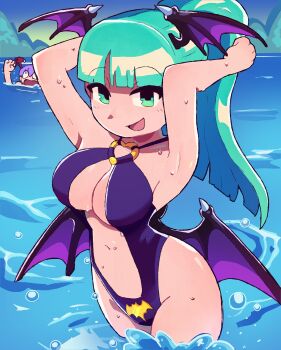 2girls absurdres bat_wings bob_cut breasts clothing_cutout commentary darkstalkers demon_girl english_commentary green_eyes green_hair head_wings highres large_breasts lilith_(darkstalkers) long_hair looking_at_viewer morrigan_aensland multiple_girls navel one-piece_swimsuit ougidraws ponytail purple_hair purple_one-piece_swimsuit swimsuit thighs water wings