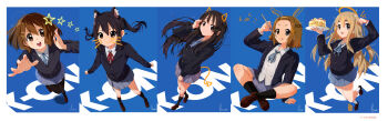 5girls :d :p absurdres adjusting_hair animal_ear_fluff animal_ears arm_support arms_up avarangers black_eyes black_hair black_jacket black_pantyhose black_socks blazer blonde_hair blue_background blue_ribbon blue_skirt brown_eyes brown_hair brown_shoes buttons cake cat_ears cat_girl collared_shirt commentary_request compilation copyright_name demon_horns demon_tail drawn_whiskers dress dress_shirt drumsticks english_text fake_animal_ears floating_hair food forehead full_body furrowed_brow grey_skirt hair_between_eyes halo headband highres hirasawa_yui ho-kago_tea_time holding holding_drumsticks holding_plate horns incredibly_absurdres indian_style jacket k-on! kneehighs kotobuki_tsumugi layered_sleeves loafers long_hair long_sleeves looking_at_viewer medium_hair miniskirt multiple_girls nakano_azusa neck_ribbon open_mouth pantyhose plate pleated_dress pleated_skirt pout reaching reaching_towards_viewer red_ribbon ribbon sakuragaoka_high_school_uniform school_uniform shirt shoes short_hair sign signature simple_background sitting skirt smile socks standing standing_on_one_leg star_(symbol) tail tainaka_ritsu teeth thighs tongue tongue_out twintails upper_teeth_only white_shirt white_socks winter_uniform yellow_halo yellow_headband