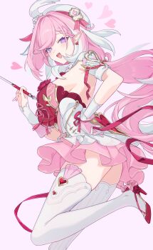 1girl absurdres awe_(adorableduckyy) bad_id bad_twitter_id braid braided_bangs breasts diamond-shaped_pupils diamond_(shape) dress earrings elysia_(hi_love_elf)_(honkai_impact) elysia_(honkai_impact) from_side gloves hand_on_own_hip hat heart heart_earrings high_heels highres holding_baton honkai_(series) honkai_impact_3rd jewelry large_breasts leg_up long_hair looking_at_viewer looking_to_the_side multicolored_hair open_mouth pink_background pink_hair pink_shoes pink_thighhighs pointy_ears purple_eyes shoes simple_background single_glove smile solo streaked_hair symbol-shaped_pupils thighhighs thighs very_long_hair white_dress white_gloves white_hat