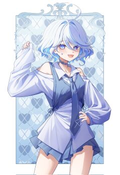 Rule 34 | 1girl, :d, ahoge, alternate costume, bare shoulders, blue choker, blue eyes, blue hair, blue necktie, blue pupils, blue shirt, blush, blver, choker, collarbone, collared shirt, corrupted twitter file, drop-shaped pupils, facial mark, furina (genshin impact), genshin impact, hair between eyes, hand on own hip, hand up, hashtag-only commentary, heart, heart facial mark, heterochromia, highres, light blue hair, long shirt, looking at viewer, medium hair, multicolored hair, necktie, off shoulder, open mouth, shirt, smile, solo, streaked hair, symbol-shaped pupils, white hair