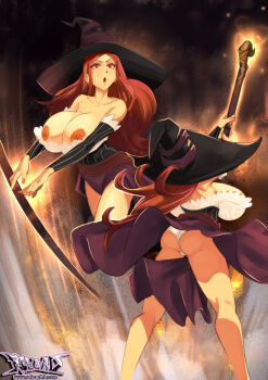 1girl arm_warmers artist_name ass bare_shoulders breasts dragon&#039;s_crown dress gradient_background hat highres holding large_breasts lips long_hair looking_at_viewer r-e-l-o-a-d red_eyes red_hair signature simple_background sorceress_(dragon&#039;s_crown) staff strapless strapless_dress thighs vanillaware watermark witch_hat