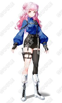 1girl absurdres arms_at_sides black_boots black_gloves black_shorts black_thighhighs blue_shirt boots chest_harness closed_mouth collared_shirt commentary_request dagger double_bun fingerless_gloves full_body gloves hair_bun harness heart heart_o-ring high-waist_skirt highres knee_boots knife kuu_(user_gngs5284) lace-up_boots long_hair long_sleeves looking_at_viewer o-ring o-ring_thigh_strap official_art original pink_hair puffy_long_sleeves puffy_sleeves red_eyes sample_watermark shirt shorts side_up_bun single_thighhigh skirt smile solo tachi-e thigh_sheath thigh_strap thighhighs watermark weapon white_boots