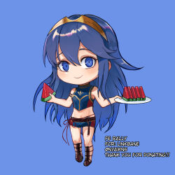 Rule 34 | 1girl, bare shoulders, belt, bikini, blue background, blue bikini, blue eyes, blue hair, brand of the exalt, brown belt, chibi, chibi only, closed mouth, commentary, english commentary, fire emblem, fire emblem awakening, fire emblem cipher, food, fruit, full body, hair between eyes, highres, holding, holding food, holding fruit, holding plate, looking at viewer, lucina (fire emblem), nintendo, nyawn5, official alternate costume, plate, smile, solo, swimsuit, symbol in eye, tiara, watermelon, watermelon slice