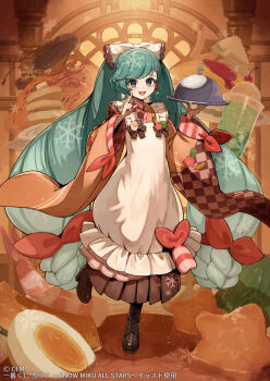 1girl apron boots brown_boots commentary_request earpiece egg fork_hair_ornament full_body green_eyes green_hair hair_ornament hatsune_miku holding holding_tray indoors japanese_clothes kimono kuroi_susumu long_hair long_sleeves looking_at_viewer low_twintails official_art open_mouth orange_kimono plate pleated_kimono smile snowflake_print solo spoon_hair_ornament tray twintails very_long_hair vocaloid white_apron wide_sleeves yuki_miku yuki_miku_(2024)