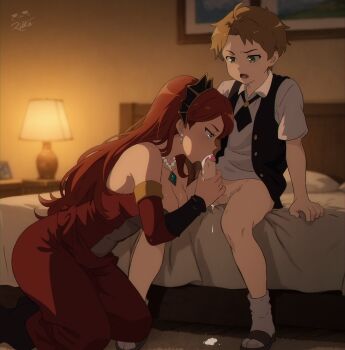 1boy 1girl absurdres age_difference aunt_and_nephew bed bedroom blonde_hair blurry blurry_background bottomless breasts cheating_(relationship) cleavage cum cum_in_mouth cum_overflow cumdrip dress ear_piercing ejaculation feet fellatio green_eyes grey_eyes half-closed_eyes highres hilda_boreas_greyrat incest indoors jewelry kneeling large_breasts legs long_hair mushoku_tensei on_bed onee-shota open_mouth oral pendant penis penis_grab piercing red_dress red_hair rudeus_greyrat sandals short_hair shota signature sitting socks testicles thighs very_long_hair