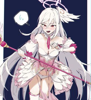 1girl absurdres aoguro_midori bare_shoulders blue_archive blue_background blush bow bow_panties breasts cleavage detached_collar detached_sleeves dress embarrassed groin hair_between_eyes hair_ornament halo highres holding holding_staff holding_wand long_hair lower_teeth_only magical_girl medium_breasts open_mouth panties pink_dress puffy_sleeves red_eyes solo spoken_sweatdrop staff standing suzumi_(blue_archive) suzumi_(magical)_(blue_archive) sweatdrop teeth thighhighs torn_clothes torn_dress underwear very_long_hair wand white_hair white_panties white_thighhighs wing_hair_ornament