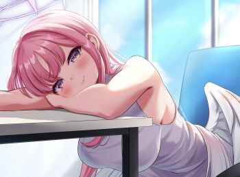 1girl angel_wings blue_archive blush breasts closed_mouth dress feathered_wings halo highres indoors large_breasts long_hair looking_at_viewer low_wings mika_(blue_archive) panda_90321 pink_hair pink_halo purple_eyes sideboob sitting sleeveless sleeveless_dress smile solo white_wings wings