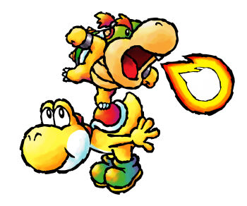 2boys absurdres baby_bowser boots bowser breath_weapon breathing_fire colored_skin fire fireball green_boots highres mario_(series) multiple_boys nintendo official_art open_mouth simple_background third-party_source white_background yellow_skin yellow_yoshi yoshi yoshi&#039;s_island_ds