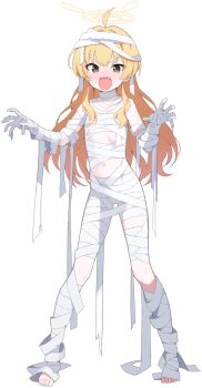 Rule 34 | 1girl, ahoge, artist request, bandages, bare shoulders, blonde hair, blue archive, blush, claw pose, fang, full body, game cg, green eyes, halo, highres, long hair, looking at viewer, naked bandage, navel, official art, open mouth, ribs, solo, standing, toes, yoshimi (blue archive), yoshimi (halloween) (blue archive)