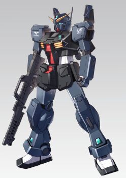absurdres arms_at_sides beam_rifle clenched_hand commentary_request energy_gun full_body green_eyes grey_background gun gundam gundam_mk_ii highres holding holding_gun holding_weapon insignia mecha mecha_focus mobile_suit no_humans radio_antenna robot science_fiction simple_background standing takahashi_masaki thrusters titans_(gundam) v-fin weapon zeta_gundam zeta_gundam_define