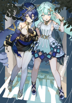 2girls absurdres aqua_eyes aqua_hair black_gloves blush bracelet breasts comiket_106 detached_sleeves dress faruzan_(genshin_impact) full_body genshin_impact gloves gold_bracelet hair_between_eyes hair_ornament highres jewelry layla_(genshin_impact) long_hair long_sleeves medium_breasts multiple_girls open_mouth panties shigatsu_to_o smile symbol-shaped_pupils triangle-shaped_pupils twintails underwear very_long_hair wavy_hair white_dress white_panties x_hair_ornament yellow_eyes