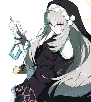 1girl black_dress black_gloves blue_archive dress gloves grey_hair gun halo highres holding holding_gun holding_weapon karasuri light_smile long_hair looking_at_viewer nun purple_eyes sakurako_(blue_archive) simple_background solo weapon white_background yellow_halo