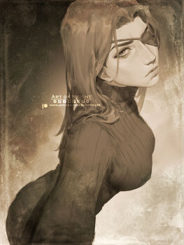 1girl arcane:_league_of_legends arcane_caitlyn arm_out_of_frame art_of_neight artist_name artstation_logo black_sweater breasts brown_theme caitlyn_(league_of_legends) covered_erect_nipples cowboy_shot deviantart_logo eyepatch facebook_logo from_above frown head_tilt highres instagram_logo large_breasts league_of_legends long_hair looking_at_viewer monochrome outstretched_arm patreon_logo sepia solo standing sweater tiktok_logo turtleneck turtleneck_sweater twitch_logo twitter_logo