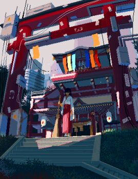 1girl animated animated_gif apo_(rairaru20001) broom highres japanese_clothes miko original pixel_art shrine solo stairs torii wind