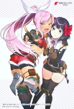 2girls abs armored_boots ass ass_focus bag belt belt_bag belt_pouch bike_shorts bike_shorts_under_shorts black_boots black_detached_collar black_gloves black_hair black_romper black_shorts black_sleeves black_socks black_thighhighs blue_eyes boots bound bound_thighs bow breasts brown_bag brown_gloves brown_pouch brown_sash closed_mouth collar collared_shirt detached_sleeves dot_nose elbow_gloves fang female_focus fingerless_gloves flat_chest frilled_collar frilled_shirt frilled_shirt_collar frills fur-trimmed_shorts fur_trim gloves hair_bow hair_ribbon hand_on_another&#039;s_shoulder hebino_rai highres japanese_text knife legs liz_smart long_hair looking_at_viewer looking_back medium_breasts medium_hair midriff multiple_girls nageki_no_bourei_wa_intaishitai neckerchief official_art open_mouth pink_eyes pink_hair pointing pointing_at_viewer pouch red_bow red_neckerchief red_ribbon red_shorts ribbon romper sash sexually_suggestive shirt short_shorts shorts silver_boots skin_tight sleeves_past_wrists small_breasts smile socks stomach thick_thighs thighhighs thighs tino_shade translation_request white_bow