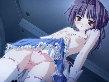 1girl bow bow_panties breasts clothes_lift clothes_pull doko_e_iku_no_ano_hi female_focus flat_chest frilled_skirt frills from_below game_cg kanno_touko loli mogi_kazuha nipples panties pink_panties shirt_pull skirt skirt_lift small_breasts solo standing thighhighs topless_female underwear upskirt white_thighhighs wrist_cuffs
