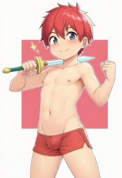 1boy adol_christin aged_down blush bulge commission grey_eyes looking_at_viewer male_focus male_underwear navel nipples puyopopper red_hair red_male_underwear shota smile solo standing sword topless_male weapon ys