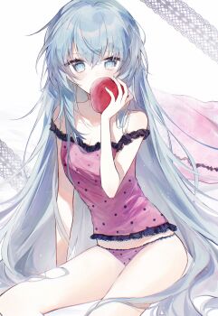 1girl apple aqua_eyes aqua_hair bare_arms bare_shoulders biting black_lace_trim breasts camisole commentary eyelashes food frilled_camisole frills fruit hair_down hatsune_miku highres holding holding_food holding_fruit lace-trimmed_camisole lace_trim long_hair looking_at_viewer messy_hair narrow_waist panties pink_camisole pink_panties pink_pillow polka_dot polka_dot_camisole romeo_to_cinderella_(vocaloid) shiruru531 sitting skinny small_breasts solo strap_slip symbol-only_commentary thighs underwear very_long_hair vocaloid