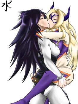 2girls absurdres ass black_hair blonde_hair bodysuit boku_no_hero_academia breast_press breasts broken_handcuffs carrying closed_eyes cuffs domino_mask eye_mask french_kiss grabbing_another's_hair handcuffs highres holding_another's_hair horns kiss large_breasts long_hair mask masked midnight_(boku_no_hero_academia) mizutorimha mount_lady multicolored_bodysuit multiple_girls purple_bodysuit purple_horns purple_mask red_nails single_handcuff skin_tight superhero_costume thigh_grab tongue tongue_out yuri