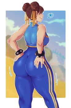 Rule 34 | 1girl, arms at sides, artist name, ass, ass focus, back, blue bodysuit, blue nails, blue vest, blurry, blurry background, bodysuit, bracelet, breasts, brown hair, building, capcom, chikkibug, chun-li, cleft of venus, clenched hand, cowboy shot, day, double bun, fat mons, female focus, foreshortening, from behind, from below, grabbing own ass, hair bun, heart, highres, jewelry, jiggle, kneepits, looking back, medium breasts, nature, outdoors, outside border, shaded face, shoulder blades, sideboob, smile, solo, spiked bracelet, spikes, spread fingers, standing, street fighter, street fighter alpha, sunset, thick lips, thick thighs, thighs, vest, wide hips